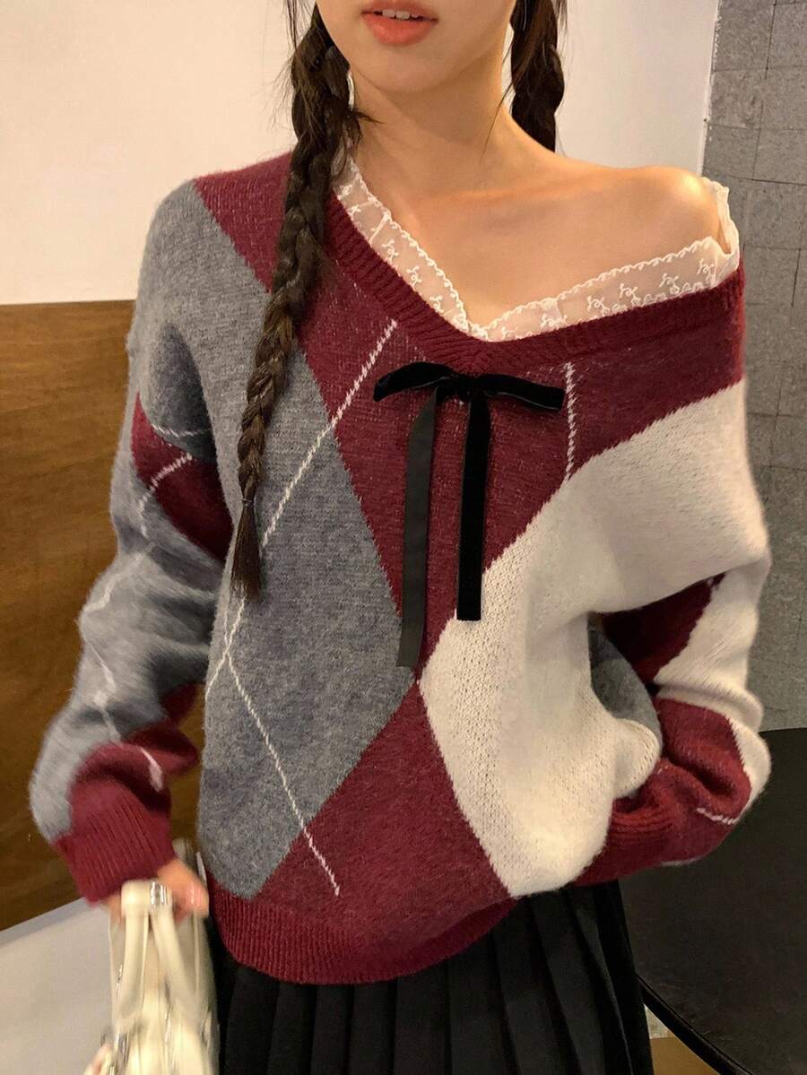 DAZY Women's V-Neck Lace Patchwork Loose Collegiate Argyle Colorblock Pullover Sweater, Casual School Style For Christmas Fall/Winter