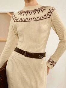 Chiquease Autumn/Winter Casual Bohemian Geometric Pattern Fitted Knit Dress - Apricot - View 3