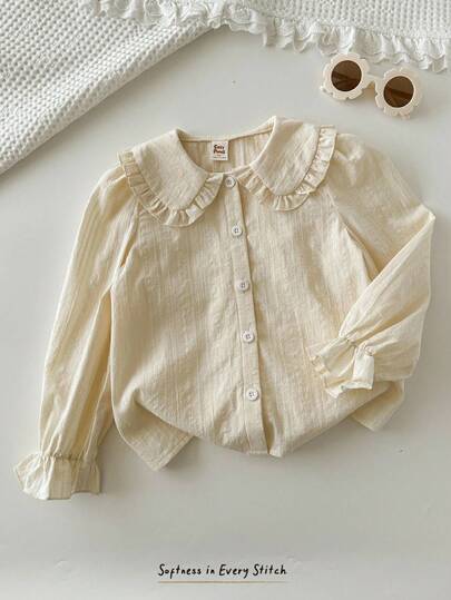 Cozy Pixies 女童纯色彼得潘领荷叶边泡泡袖长袖开衫衬衫，百搭工作装，白色和米色可选。女童衬衫，女童翻领衬衫，儿童长袖衬衫，适合秋冬季穿着。