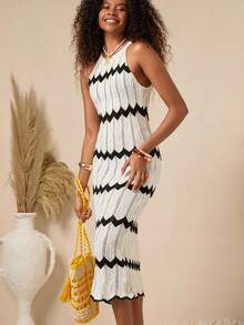 Bóhologie Women's Summer Vacation Wavy Striped Hollow Out Crochet Halter Cover Up Dress - Black and White - View 6