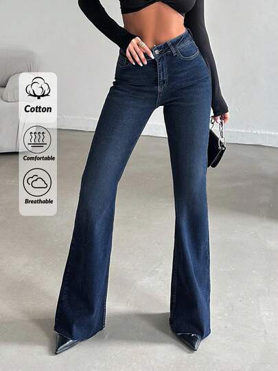 EURMUSE 99%Cotton Women's Flared Jeans With Pockets For Daily Commute And Versatile Outfits Low Rise