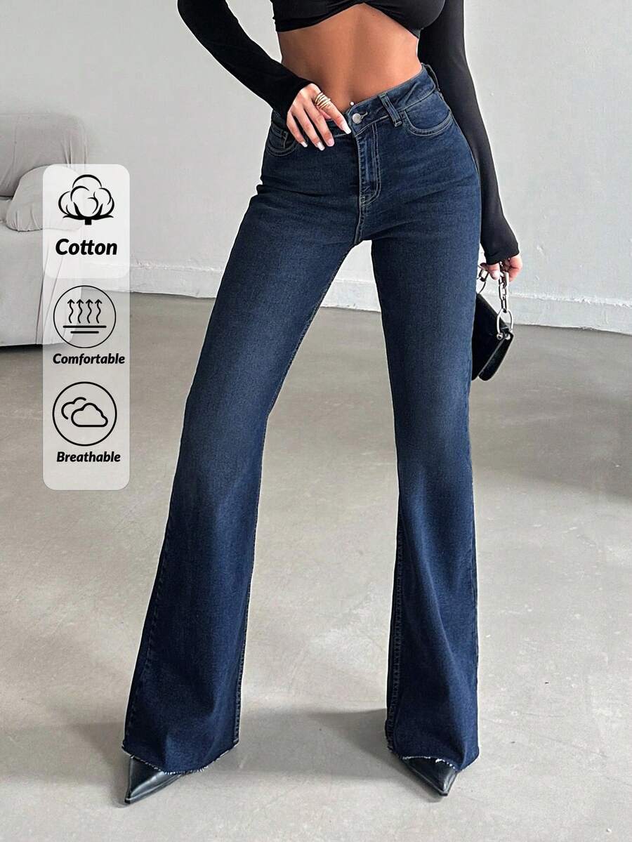 EURMUSE 99%Cotton Women's Flared Jeans With Pockets For Daily Commute And Versatile Outfits Low Rise