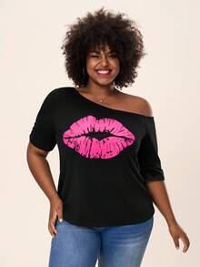 Comfylo Plus Lip Print Asymmetrical Neck Tee Business Casual Fall Clothes Plus Size - Black - View 3