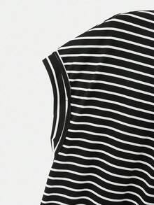 SHEIN Essnce 女式休闲条纹蝙蝠袖镂空后背T恤，夏季 - 黑色 - 查看 4