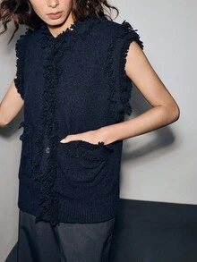 Lumivelle Áo len chui đầu cài nút tua rua phía trước màu trơn dành cho nữ - Xanh đậm - Xem 4