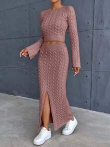 EURMUSE Áo len dệt kim cáp hở vai tay rộng thanh lịch & chân váy len dệt kim cáp có xẻ tà - Bụi hồng - Xem 2