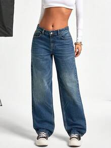 EURMUSE Blugi drepți cu talie joasă, broderie și detalii