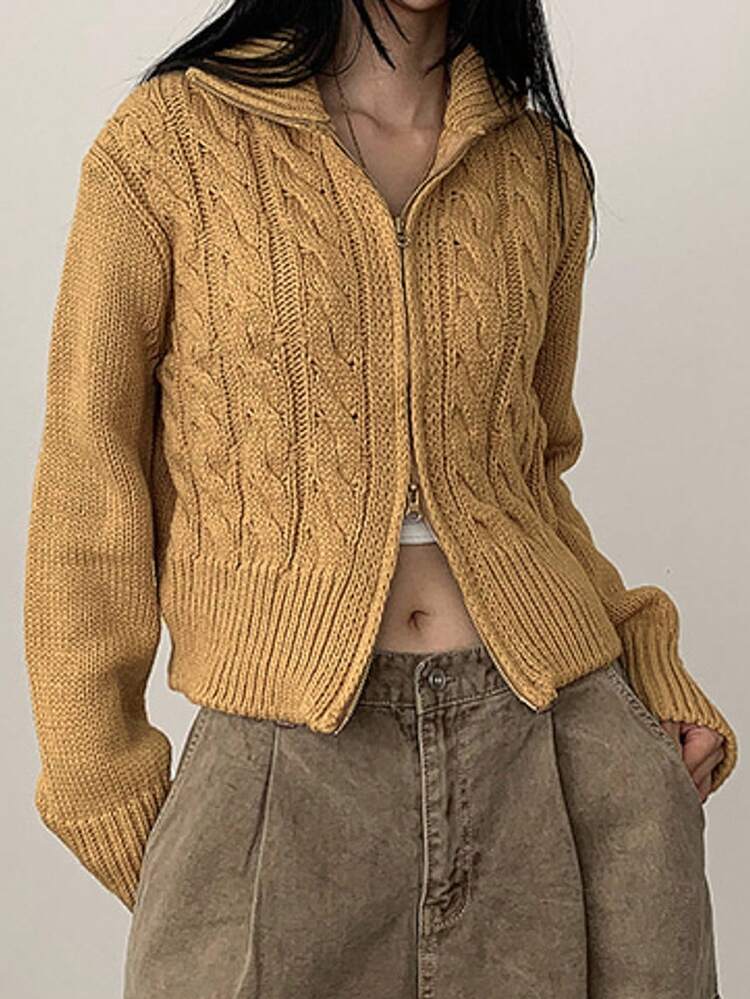 Women's Turndown Collar Cable Knit Cardigan Sweater, Short Cropped Loose Casual Chic Zip-Up Design, Autumn/Winter