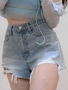 DAZY 浅蓝色水洗做旧毛边修身直筒短牛仔裤，夏季牛仔短裤 - 淺色水洗藍 - 查看 6