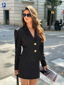 Siren Gaze Conjunto de chaqueta y falda de unicolor elegante para mujer con mangas abullonadas para la temporada de otoño/invierno - Negro - Ver 4