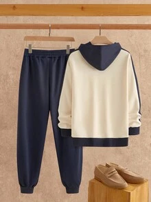 HIMLAND 2pcs/Set Men's Casual Contrast Color English Numeral Print Sweatshirt Set Sweatshirt And Sweatpants Set Designer Sweatsuit Men Casual Sets 2 Pieces Sweat Suite For Men - Multicolor - View 2