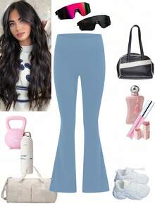 Easithlete Damen einfarbige Yoga-Hosen mit hoher Taille, Seitentaschen und weitem Bein - Blau - Übersicht 3