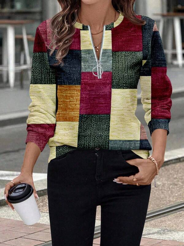 EMERY ROSE Sudadera con cremallera frontal y cuello redondo para mujer, blusa de manga larga, blusas de colores para mujer, top de patchwork, top de color block a cuadros, top con cremallera de cuarto, otoño