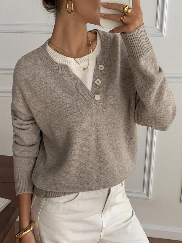 DAZY Casual Color Block Henley Neck Pullover, Soft Knit 2 In 1 Sweater For Women Fall