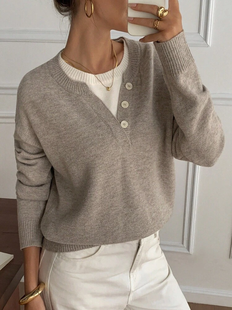 Casual Color Block Henley Neck Pullover, Soft Knit 2 In 1 Sweater For Women Fall