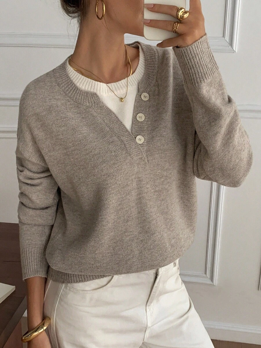 DAZY Casual Color Block Henley Neck Pullover, Soft Knit 2 In 1 Sweater For Women Fall