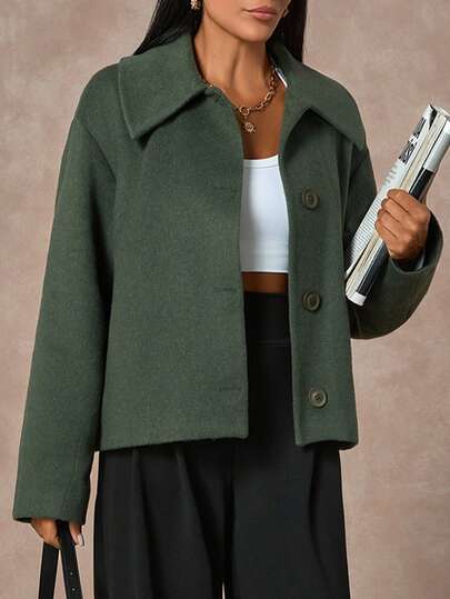 EURMUSE Women's Wool Blend Button-Up Jacket With Wide Collar, Cozy And Stylish Outerwear, High Quality Fabric