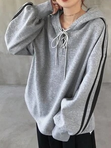 FRIFUL 女式花卉灰色连帽抽绳落肩长袖撞色条纹下摆抽绳宽松休闲羊毛运动衫，秋季