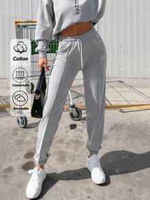 EURMUSE Drawstring Waist Seam Detail Sweatpants - Light Grey - View 1
