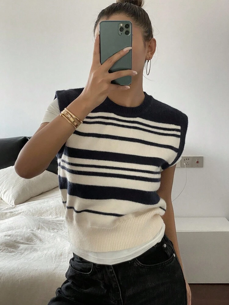 Women's Casual Striped Sleeveless Knit Sweater Vest, Autumn/Winter
