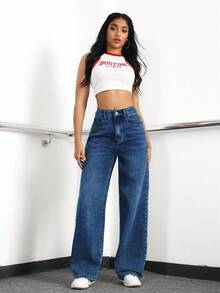 EURMUSE Women's Loose Fit Casual Denim Jeans With Side Pockets And Wide-Leg Design - Dark Wash - View 3