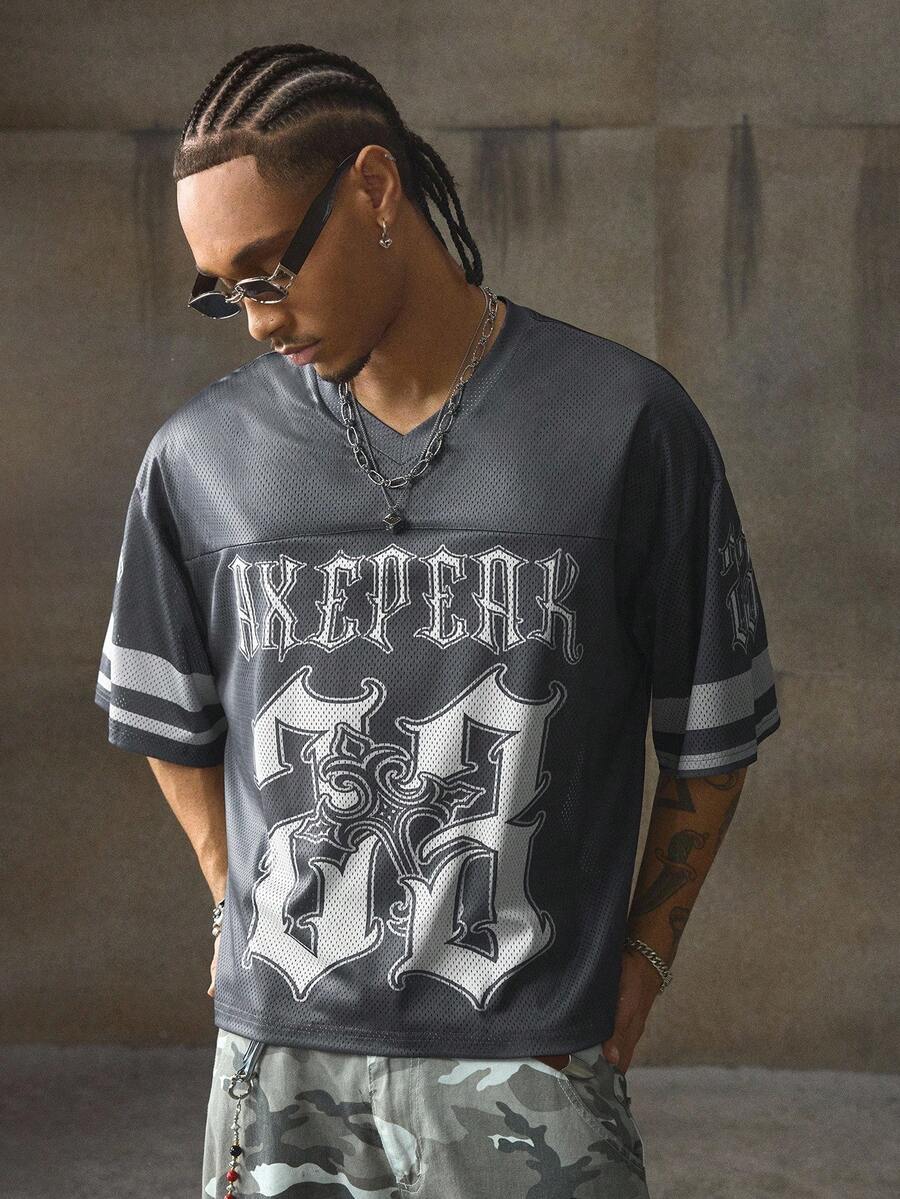 AXEPEAK 休闲街头潮流网眼面料男式针织短款 T 恤，2000 年代风格 - 灰色 - 查看 1