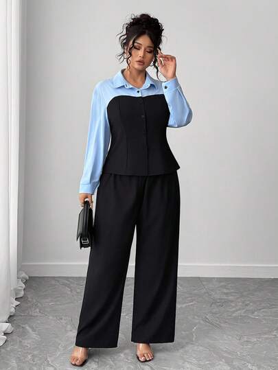 Elenzga Set de 2 piezas Elegante de Top de Manga Larga y Pantalones para Mujeres Talla Grande, Estilo de Ropa de Oficina para Otoño