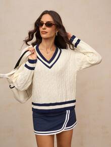 Activina Sweter damski w paski z dekoltem w serek i długimi rękawami, z warkoczowym wzorem