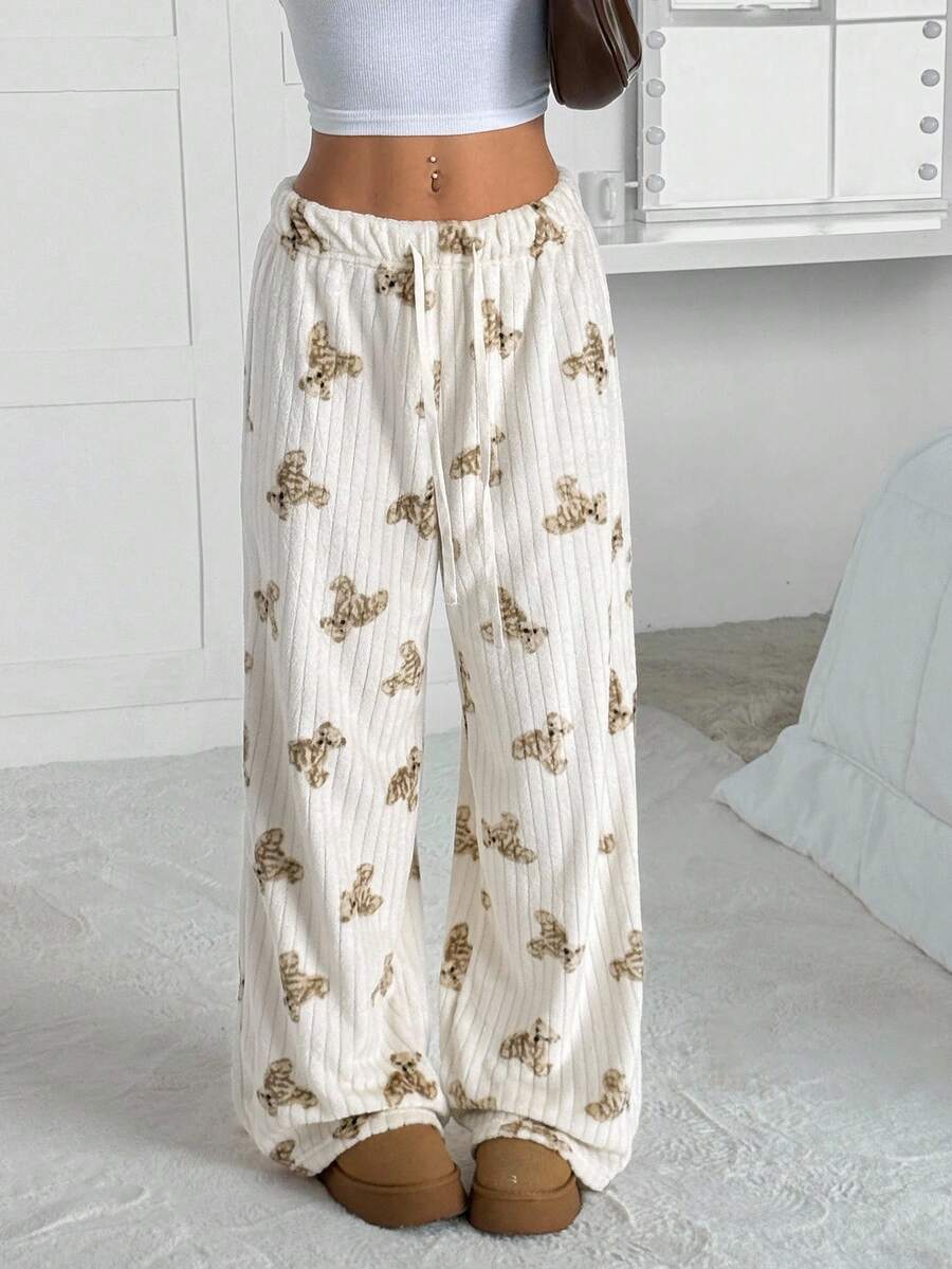 SHEIN EZwear Quần ống rộng in hình gấu hai mặt bằng vải nỉ ấm áp cho mùa thu đông karaoke Giáng sinh dành cho nữ - Nhiều màu - Xem 1