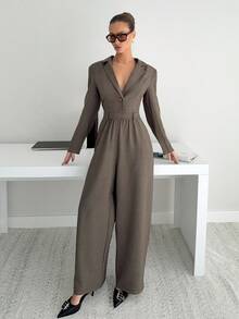 Siren Gaze 新款秋季女式简约纯色深 V 领阔腿棕色连体裤，适合女士办公室服装，老款风格女士，适合通勤和日常穿着 - 卡其色 - 查看 5
