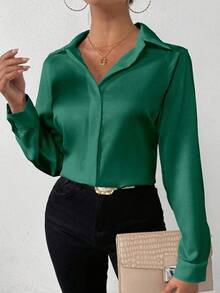 SHEIN PETITE Women's Solid Color Satin Simple Shirt With Asymmetric Hem