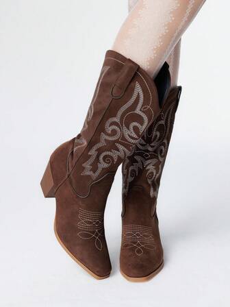 Fairycore Women's Brown Cowboy Boots, Khaki Outdoor Casual Fashion Embroidery Faux Suede Western Mid-Calf Boots, Spring/Autumn