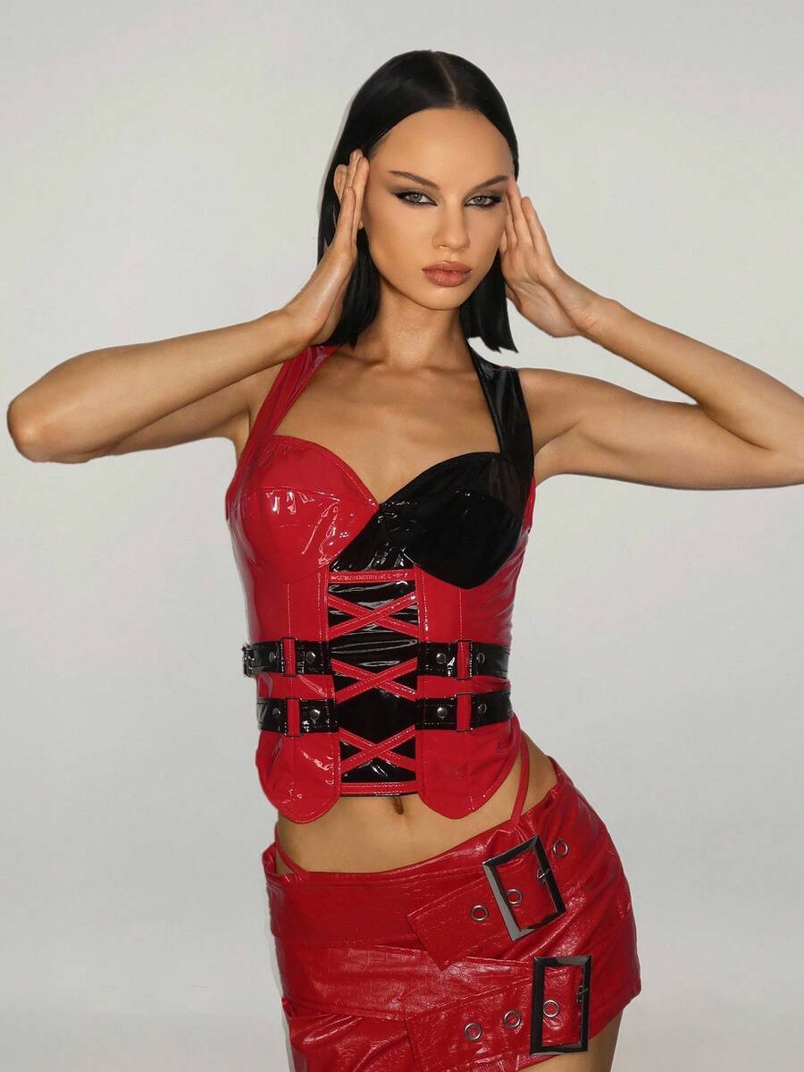 SHEIN ICON Áo hai dây chắp vá gợi cảm dành cho nữ trong lễ Halloween - Nhiều màu - Xem 1