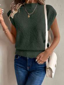 EMERY ROSE Autumn/Winter French Gentle Apricot Color Turtleneck Casual Asymmetric Fleece Sweater Vest, Suitable For Going Out And Attending Parties - Army Green - View 7
