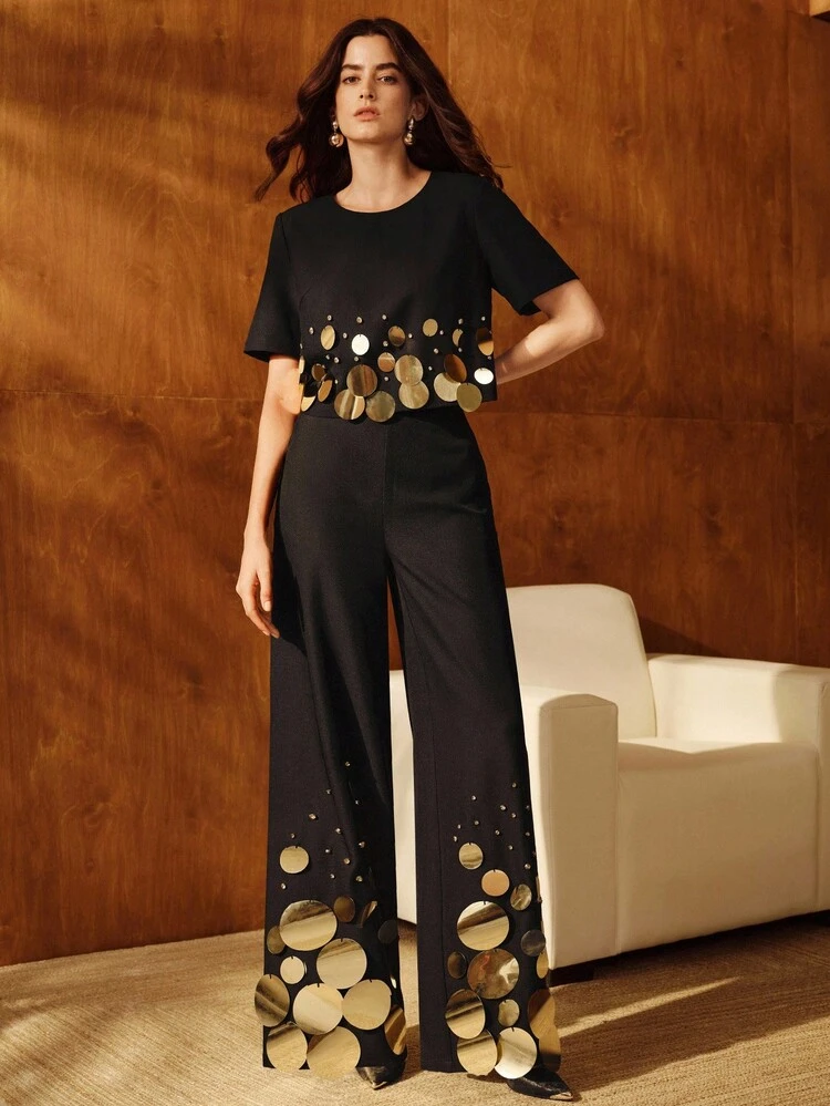 Sequin Beaded Cropped Short Sleeve Top