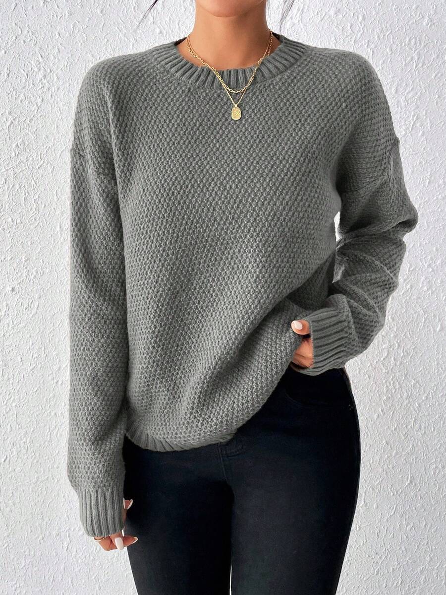 EMERY ROSE Women's Solid Color Minimalist Crew Neck Long Sleeve Knit Pullover Sweater, Everyday Wear - Grey - View 1