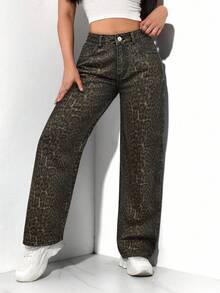 SHEIN PETITE Women's Casual Fashion Street Leopard Print Loose Wide-Leg Jeans - Multicolor - View 4