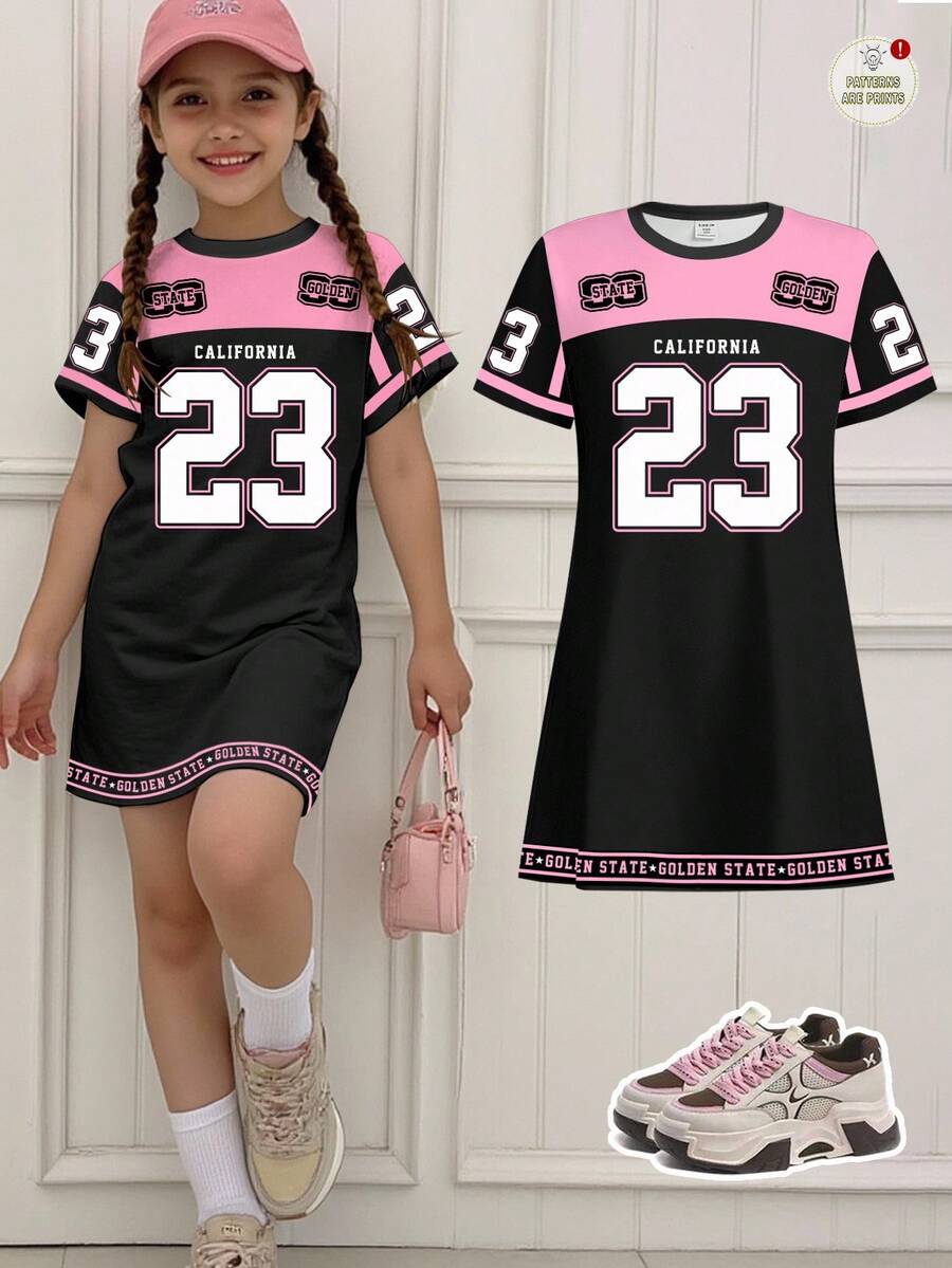 SHEIN 青少年女孩双色 23 图案短袖中长连衣裙，休闲简约黑粉色，适合夏季清凉服装系列，女童 Chroma 精选，开学季儿童，春夏韩版风格，轻松运动装，儿童图案 T 恤，运动休闲，夏季服装，毕业季必备 - 彩色 - 查看 1