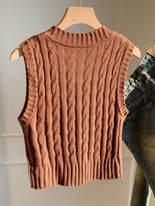 Comfortcana 女式休闲简约咖啡棕色马术图案针织毛衣背心，秋冬上衣 - 咖啡棕 - 查看 2