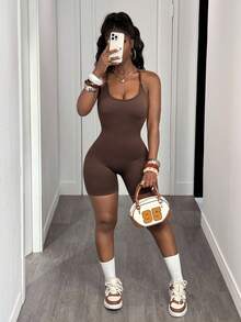 Slaydiva Women's Solid Color Backless Yoga Jumpsuit - Brown - View 7