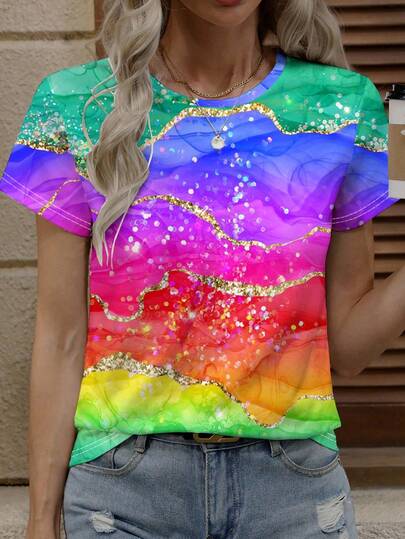 Zolique Multiple-Color Metallic Round Neck Women Casual Short Sleeve T-Shirt, Loose Fit Tops For Spring/Summer, Women Blouse