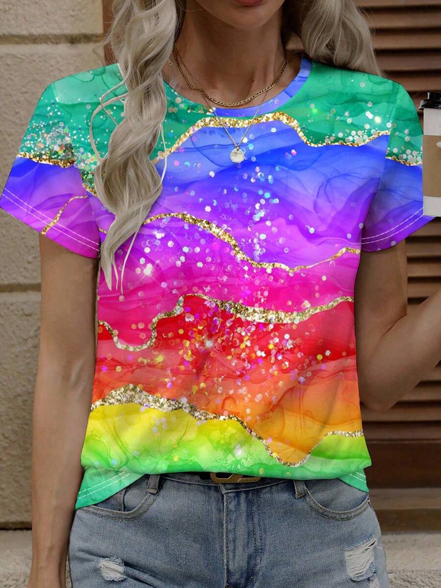 Zolique Multiple-Color Metallic Round Neck Women Casual Short Sleeve T-Shirt, Loose Fit Tops For Spring/Summer, Women Top - Multicolor - View 1