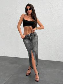 EURMUSE Chân váy denim xẻ tà đơn giản hàng ngày dành cho nữ - màu đen - Xem 3