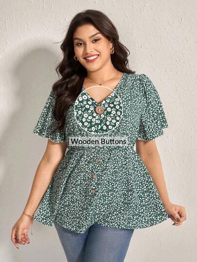 Comfylo Plus Size Women Green Base White Flower Printing Ruffle Sleeve Blouse For Summer Fall Clothes For Women Fall Outfits Women