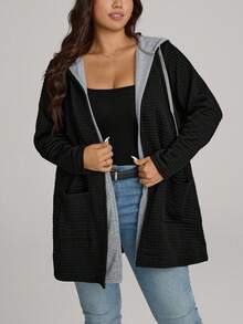 Comfylo Plus Size Color Block Double Layer Textured Fabric Faux Twofer Pocket Jacket, Long Sleeve Fall Clothes For Women Fall Outfits Women Winter Autumn - Black - View 4