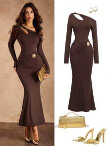 Rafferiza Women Summer Dark Brown Autumn Elegant Dining Long Maxi Dress, Off-Shoulder Hollow Shirred Cinched Waist Long Sleeve Party Graduation S - Coffee Brown - View 3