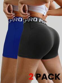 Slayform 2pcs Women's Letter Waistband Fitted Casual Fitness Yoga Running Shorts Spandex Shorts - Multicolor - View 5