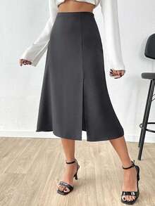 SHEIN Cottnline Women's Solid Color Minimalist A-Line Skirt, Casual Everyday - Grey - View 3