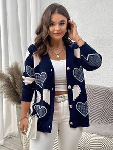 Elenzga Cárdigan informal de talla grande con bloque de color, corazón y adornos de tachuelas, otoño/invierno - Azul Marino - Ver 3