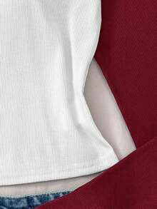 少女白色和红色拼接罗纹针织圆领长袖纯色休闲复古T恤 - 紅白色 - 查看 7